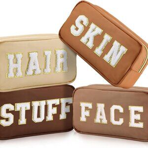 4 Pcs Preppy Makeup Bags Chenille Letter Stuff Bag Nylon Cosmetic Pouch Cases wi